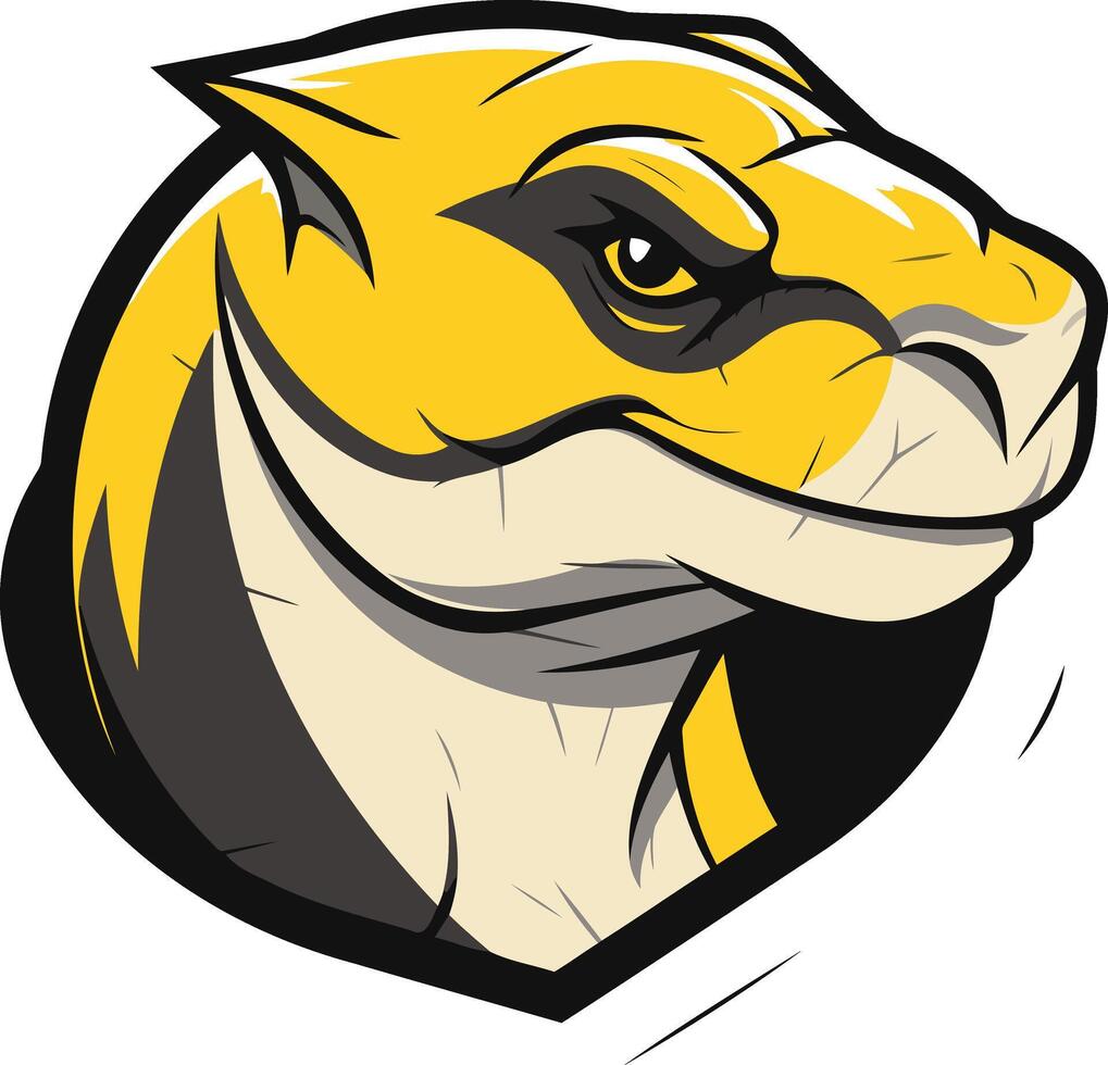 A fierce and dynamic logo design featuring a yellow reptile with a menacing expression vector