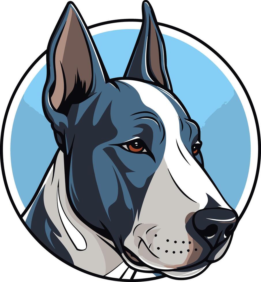 A bold and expressive illustration of a bull terrier, featuring a black and white color scheme and a dynamic pose vector