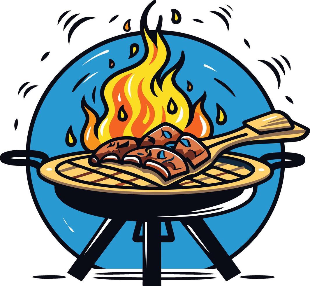 A vibrant illustration of a barbecue grill with flames and meat, perfect for summer celebrations, food blogs, and restaurant menus vector