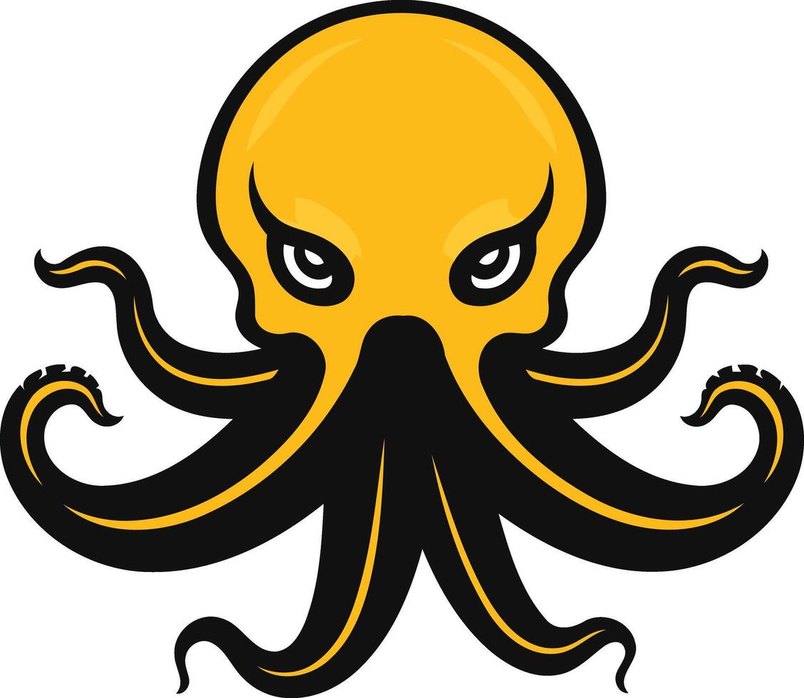 A bold and striking element illustration of an octopus with a yellow head and black tentacles vector