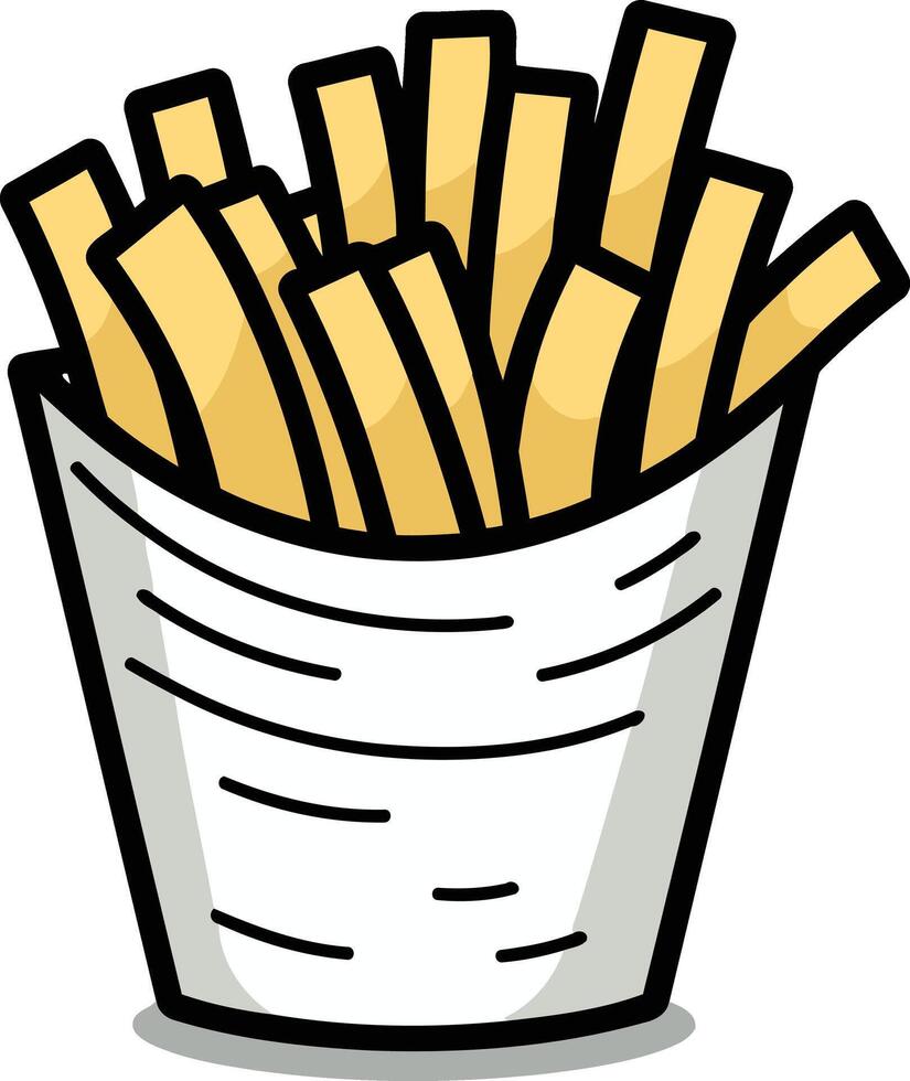 A simple, cartoon illustration of a paper cup overflowing with crispy french fries vector