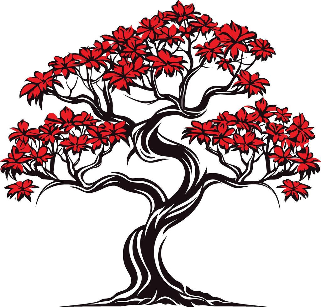 Elegant black and red stylized bonsai tree illustration vector