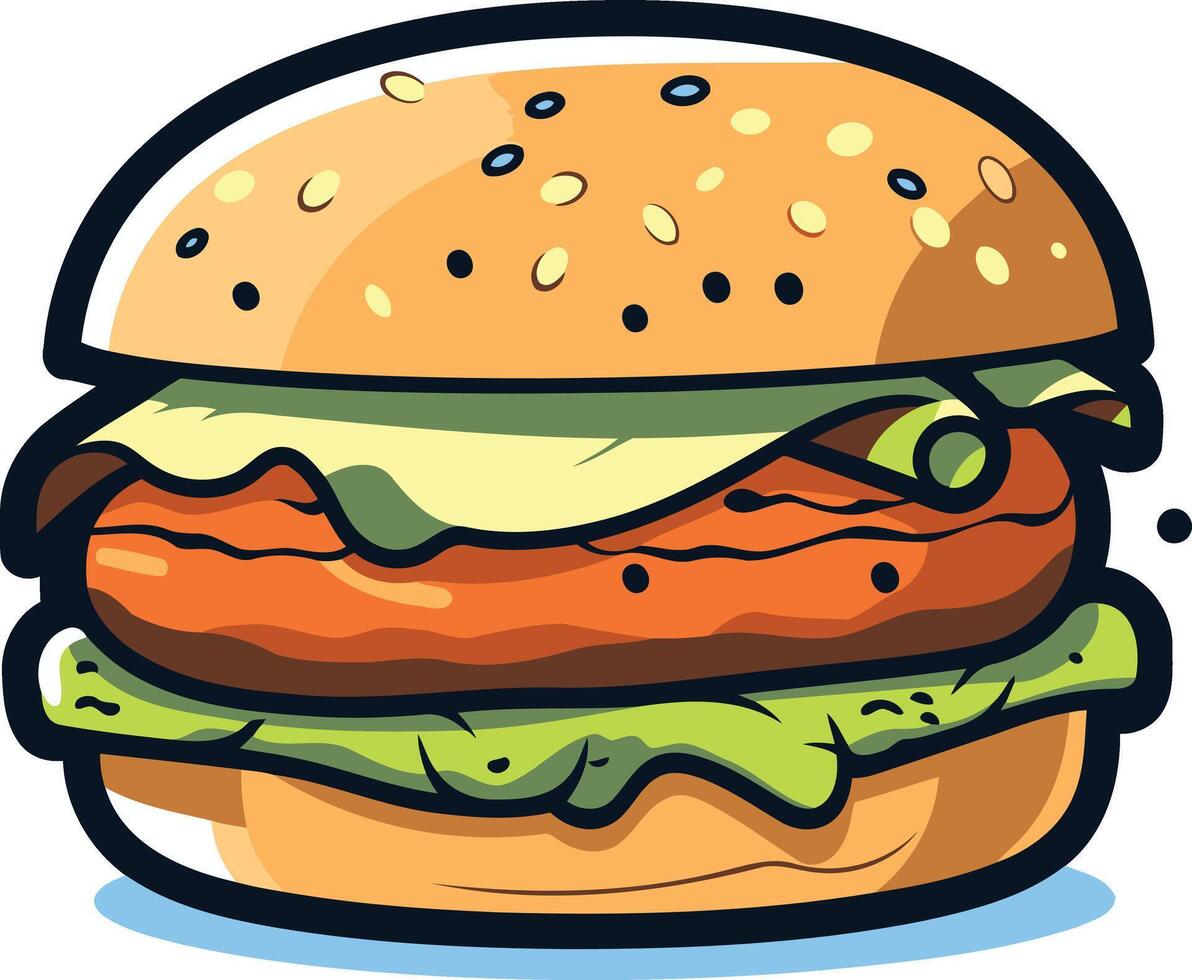 A cartoon illustration of a juicy hamburger with lettuce, cheese, and a sesame seed bun vector