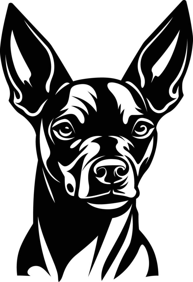 A bold and graphic black and white illustration of a miniature pinscher dog's head vector
