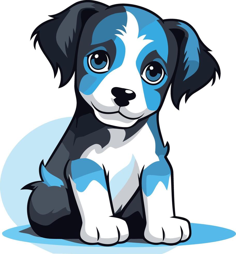 Adorable cartoon puppy with blue and black fur, sitting and looking at the viewer with big, soulful eyes vector