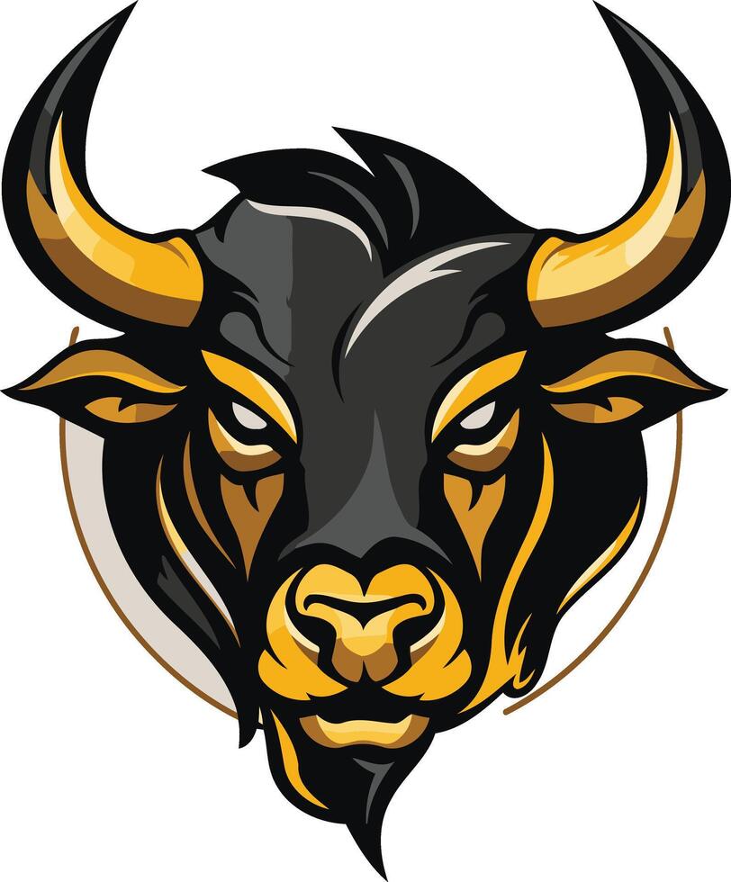 Powerful bull head logo with fierce expression and golden horns, perfect for sports teams, finance, or any brand seeking strength and determination vector