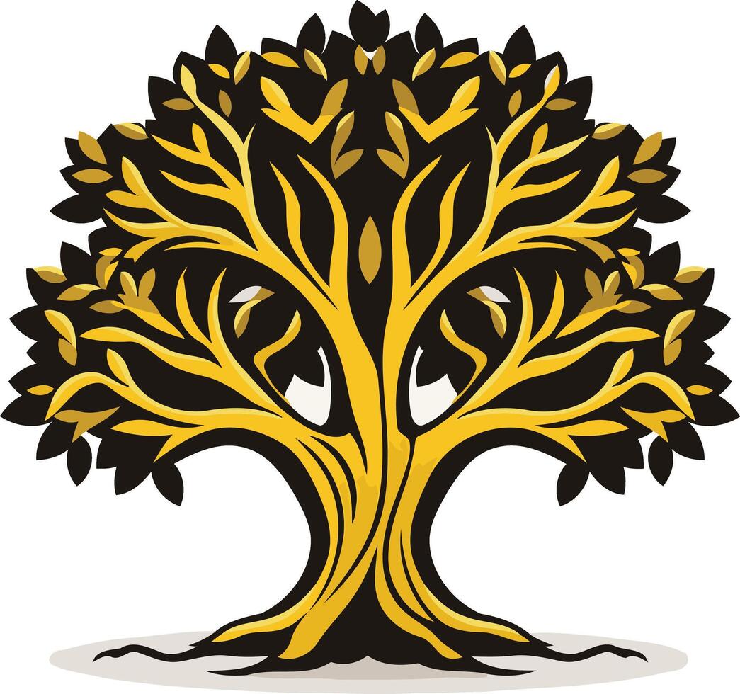 Stylized tree with golden branches and black leaves, perfect for logos, branding, and website design vector
