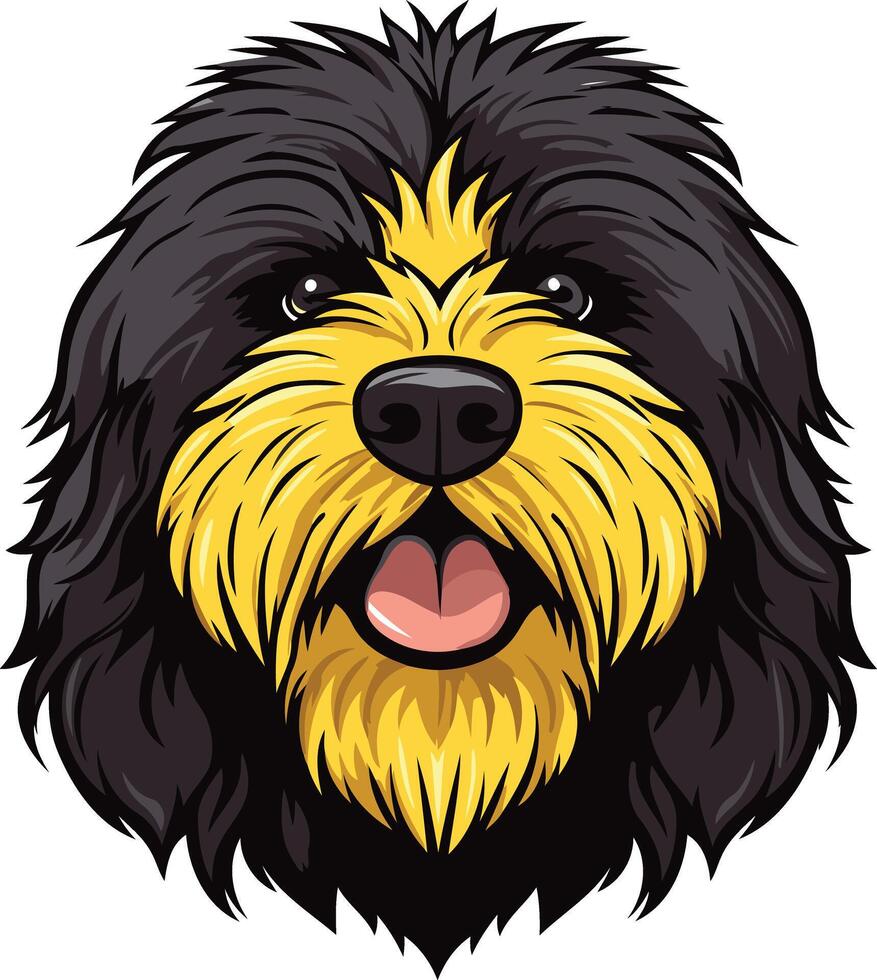 Cute cartoon doodle of a black and yellow dog with a big smile vector