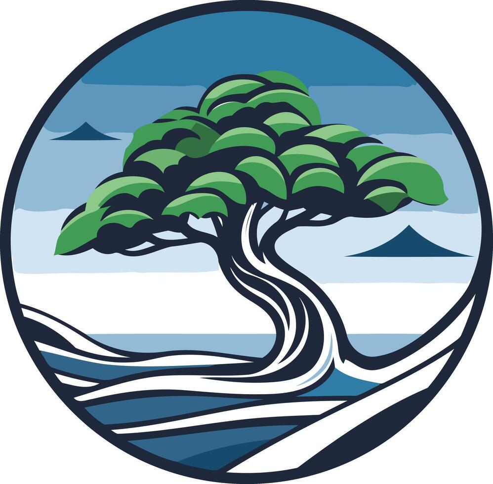 A stylized tree with intricate branches and a flowing trunk against a blue sky and ocean background vector