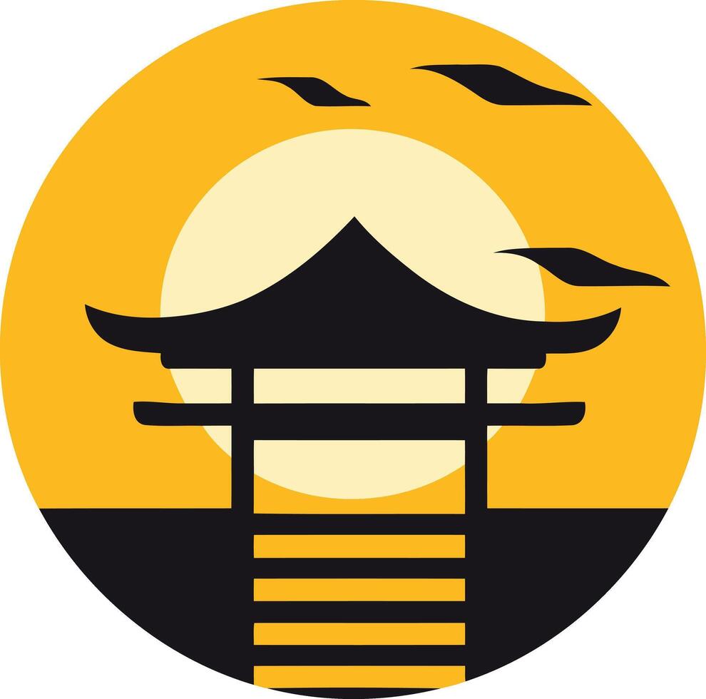 A minimalist, circular logo featuring a silhouette of a japanese temple gate against a setting sun vector