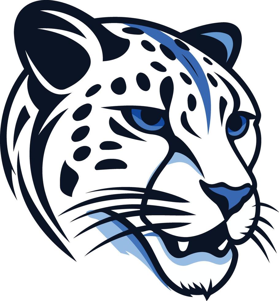 Bold and graphic element illustration of a snow leopard's face, featuring a blue stripe and fierce expression vector