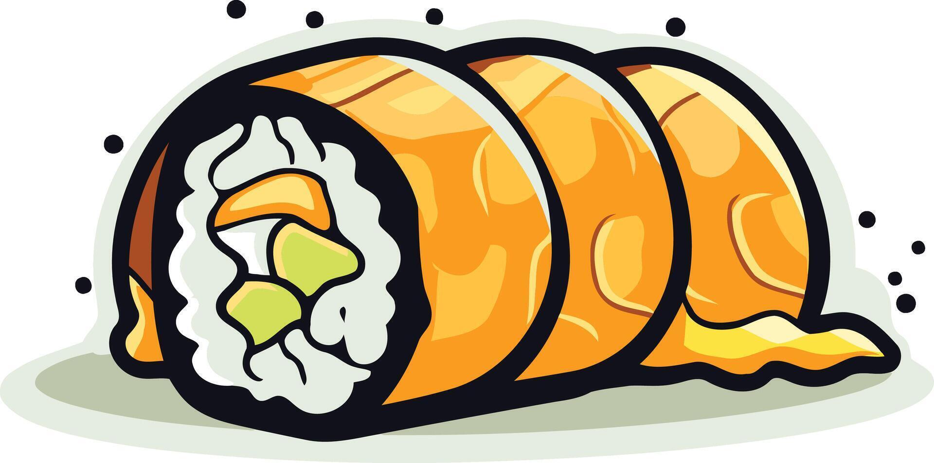 Cute cartoon illustration of a sushi roll with avocado and shrimp vector