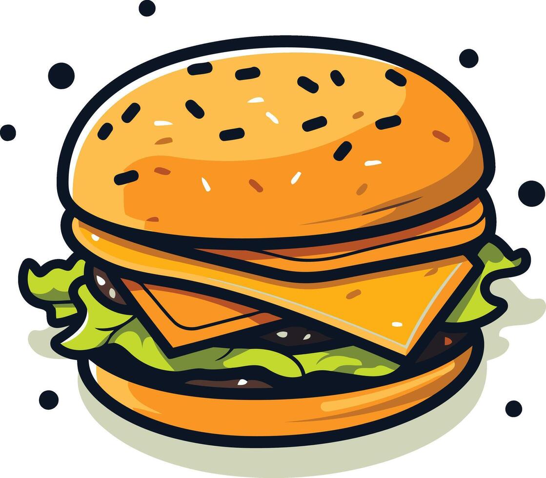 A cartoon illustration of a juicy burger with lettuce, cheese and a sesame seed bun vector