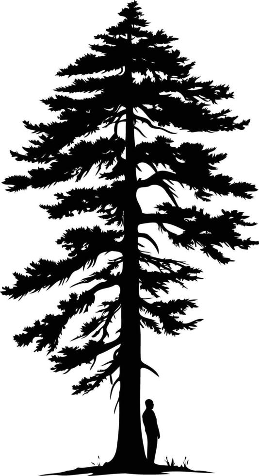 A solitary figure stands beneath a tall, majestic pine tree in this evocative silhouette vector