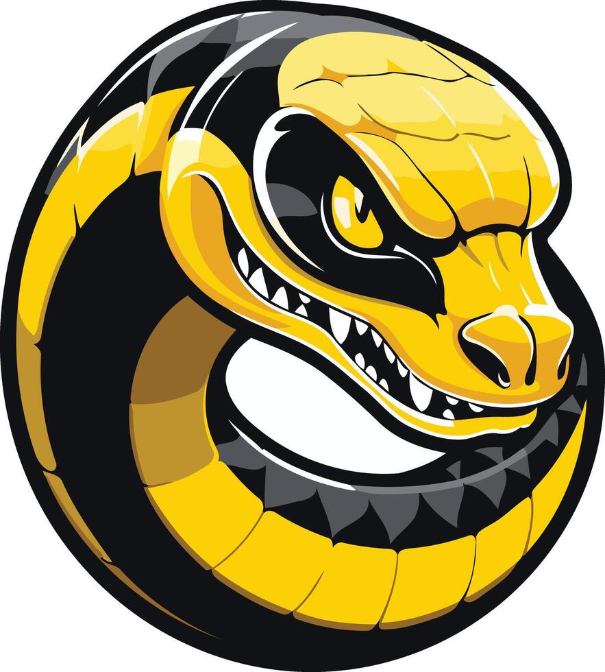 A fierce and stylized black and yellow snake logo, perfect for a sports team, gaming brand, or any project needing a powerful mascot vector