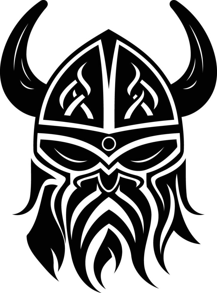 A bold and striking silhouette of a viking warrior's head, featuring a horned helmet and intricate tribal details vector