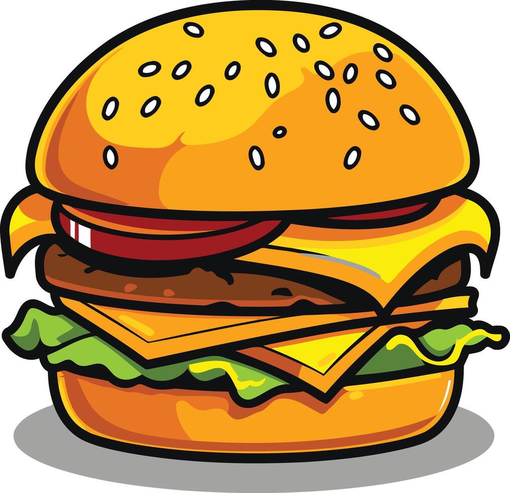 A cartoon illustration of a juicy, delicious hamburger with all the fixings vector