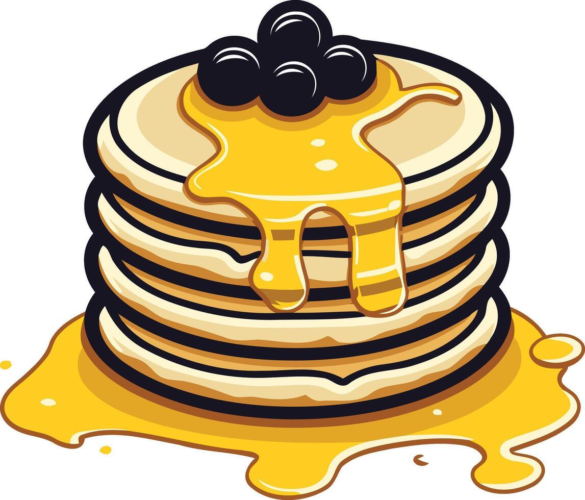 A cartoon illustration of a stack of pancakes dripping with honey and topped with blueberries vector