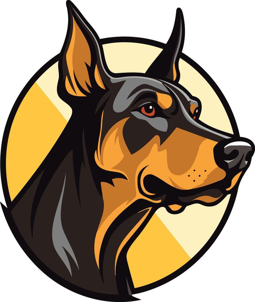 A fierce and striking illustration of a doberman pinscher head in a circular frame, perfect for branding, logos, and illustrations related to strength, loyalty, and protection vector