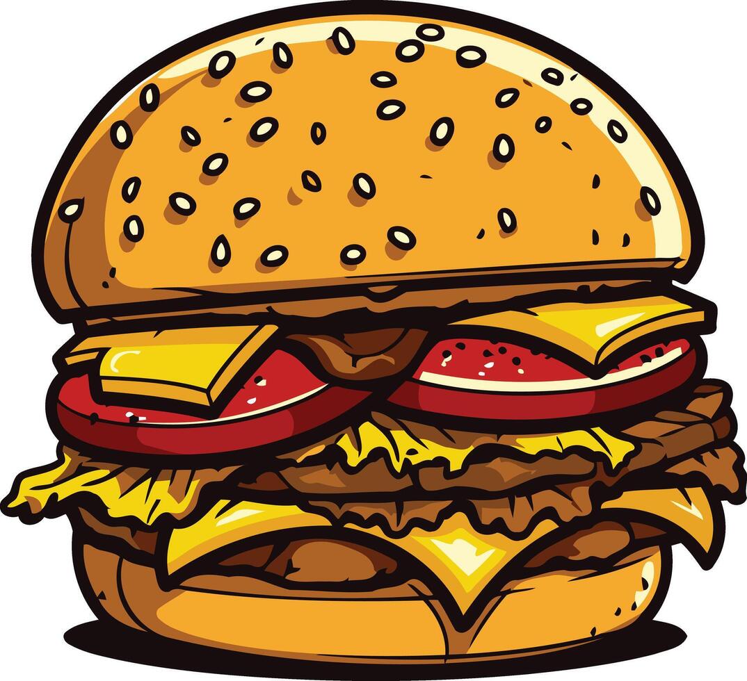 Juicy cartoon hamburger with cheese, tomato, lettuce, and sesame seeds vector