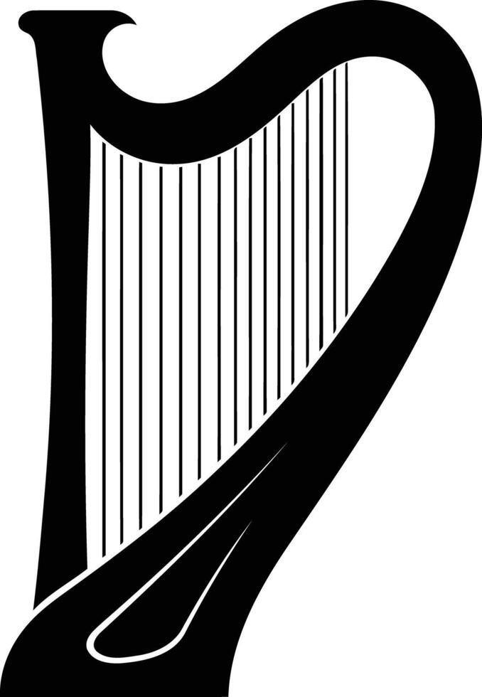 Black and white silhouette of a harp, ideal for music related designs, logos, or illustrations vector