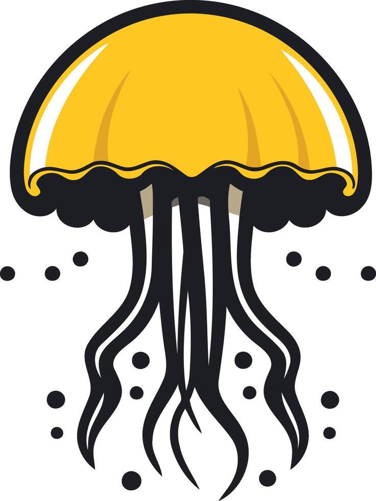 A cartoon style illustration of a jellyfish with a yellow bell and black tentacles vector