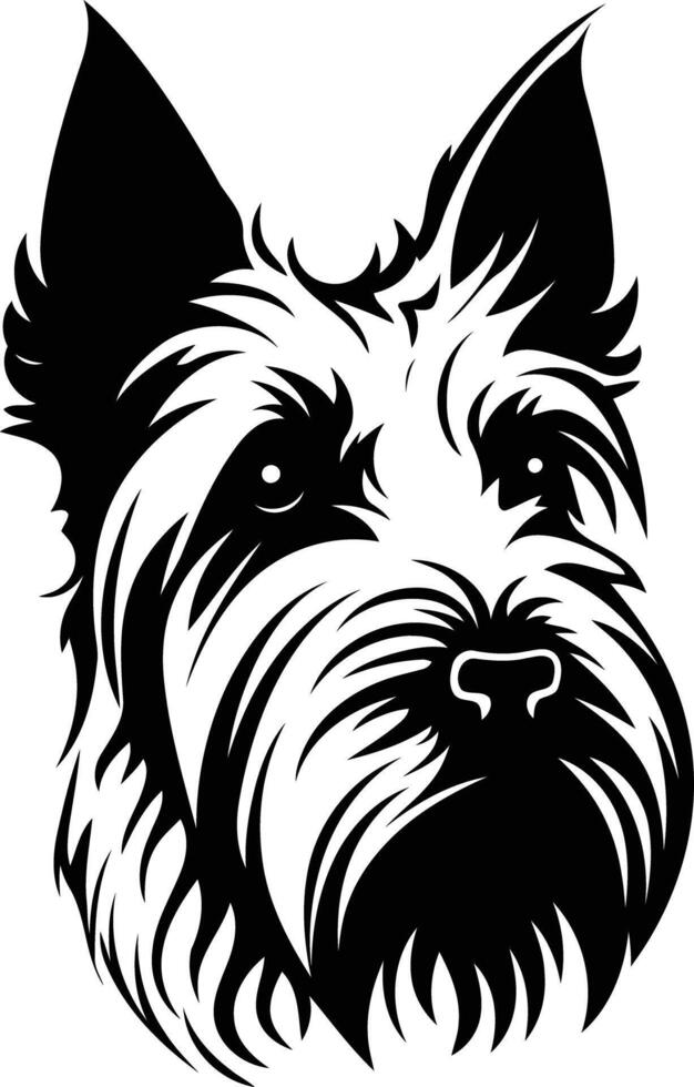 A striking black and white silhouette of a scottish terrier head vector