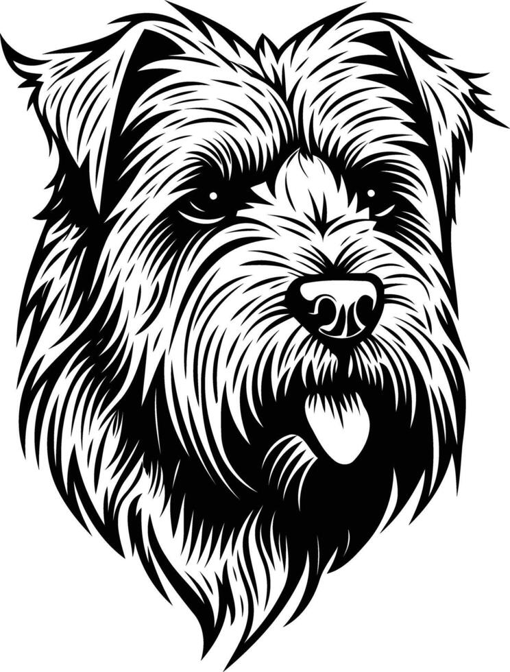 A detailed black and white illustration of a terrier's head, with a classic vintage tattoo style vector