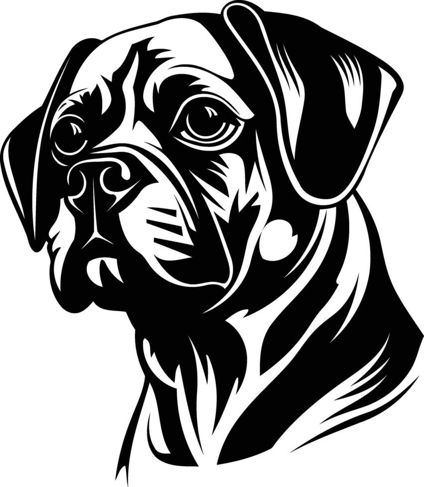 Black and white illustration of a pug dog's head, perfect for t shirt designs, pet related projects, and branding vector