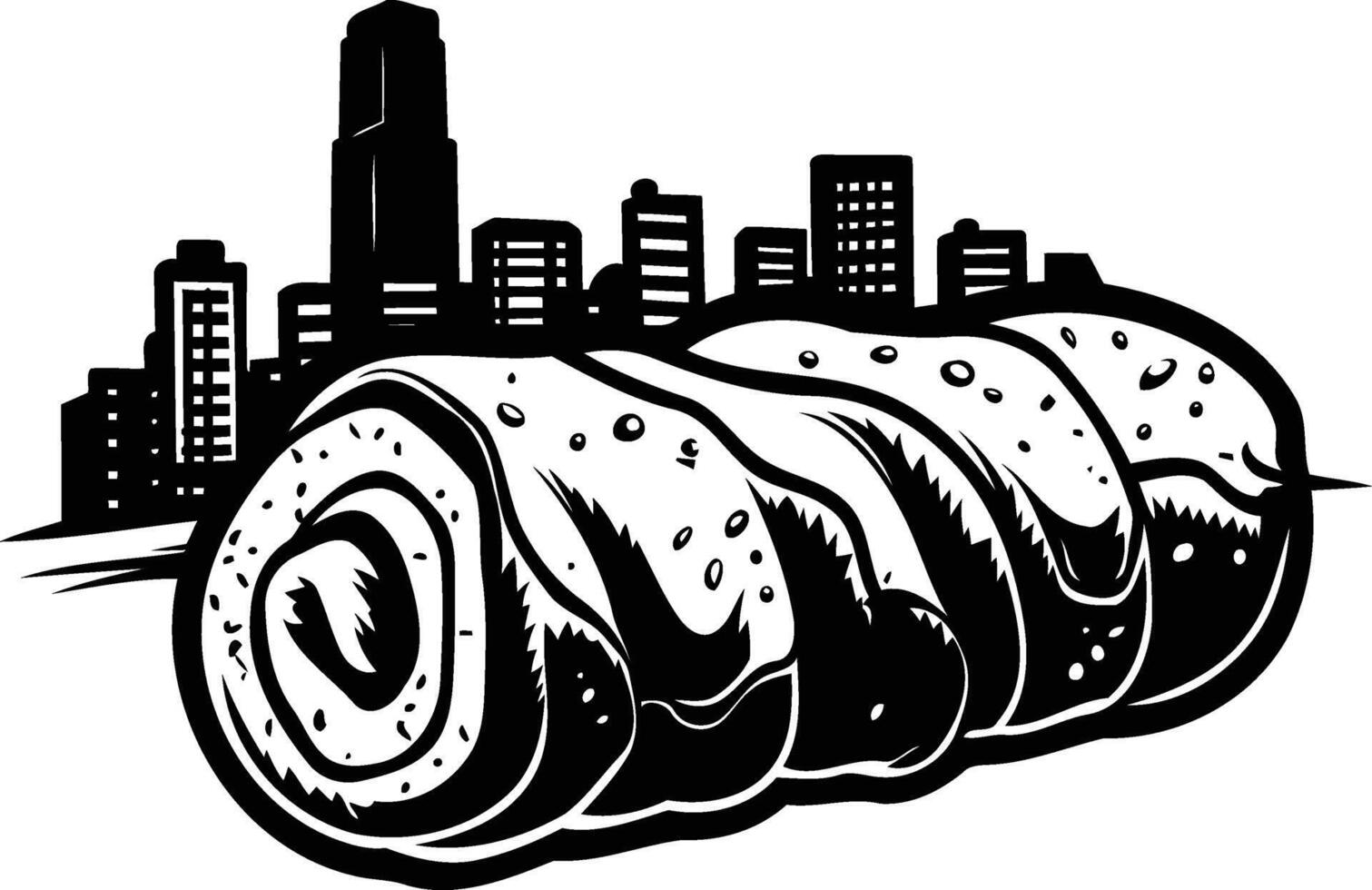 A bold black and white illustration of a city skyline peeking out from behind a large roll of tattoo flash vector