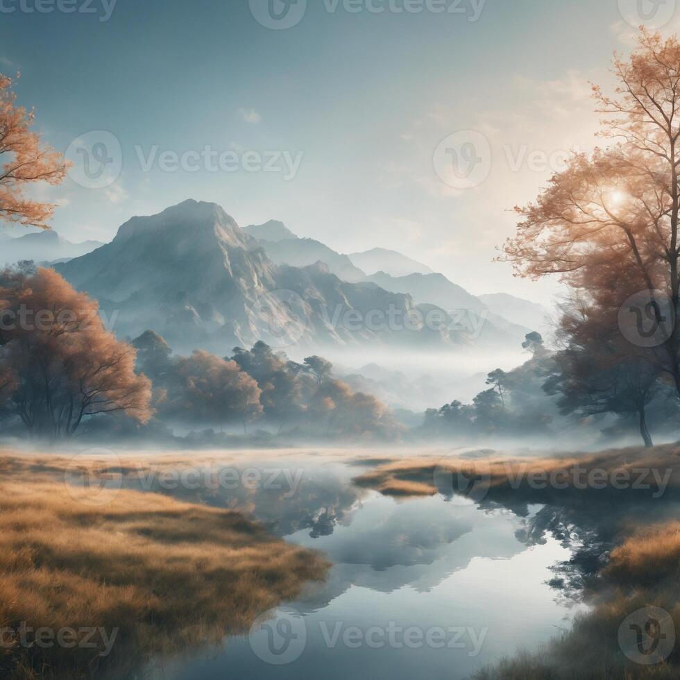 The landscape in the picture features a tranquil river winding through lush greenery, with a solitary plant thriving in the water. photo