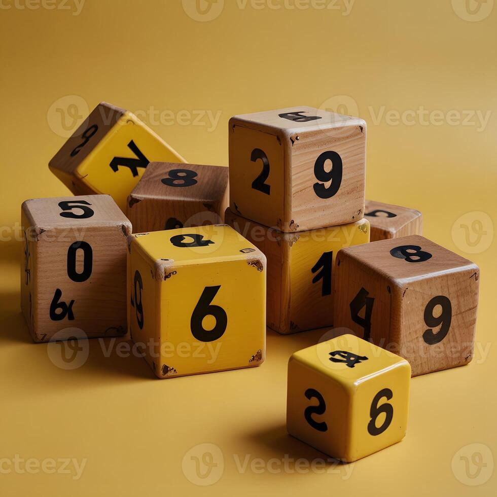Wooden numeric cubes on a striking yellow background, each showcasing distinct carved numbers for a playful feel photo