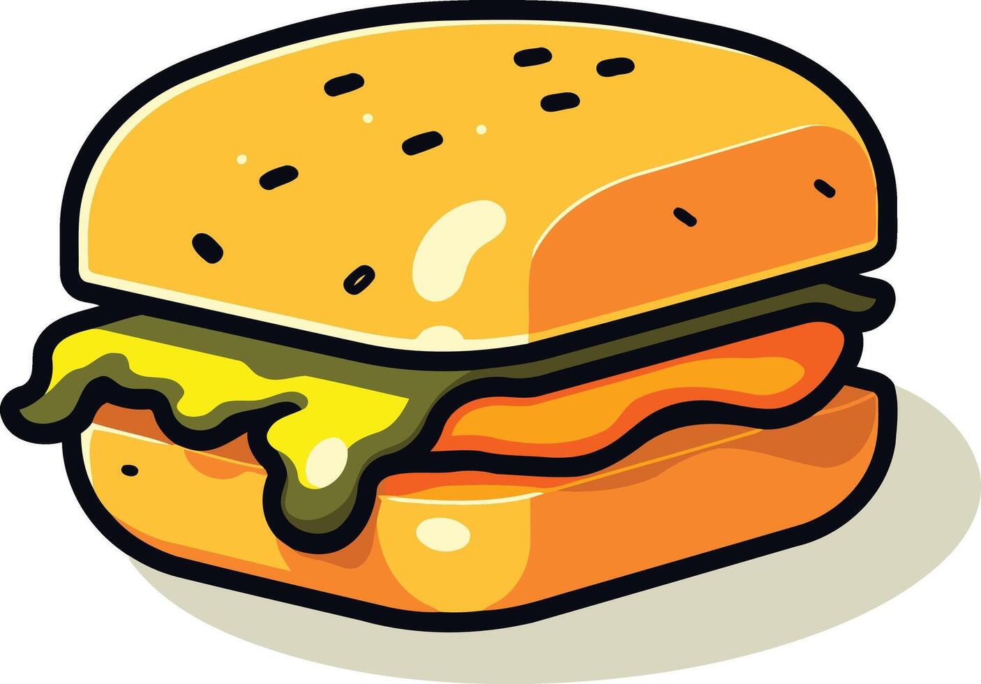 A cartoon style illustration of a delicious looking hamburger with a sesame seed bun, juicy meat patty, melted cheese, and a green sauce vector