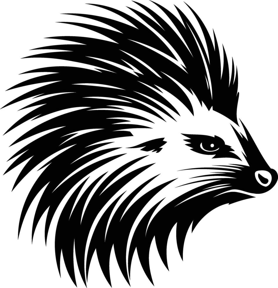 A bold and striking black and white illustration of a porcupine head, perfect for tattoo designs, animal logos, and wildlife themed projects vector