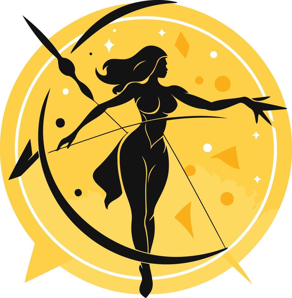 Silhouette of a powerful female archer aiming her bow and arrow, set within a vibrant yellow circular design vector