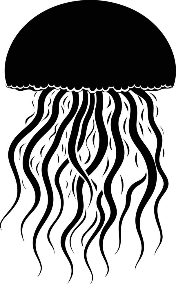 Black and white silhouette of a jellyfish with flowing tentacles vector