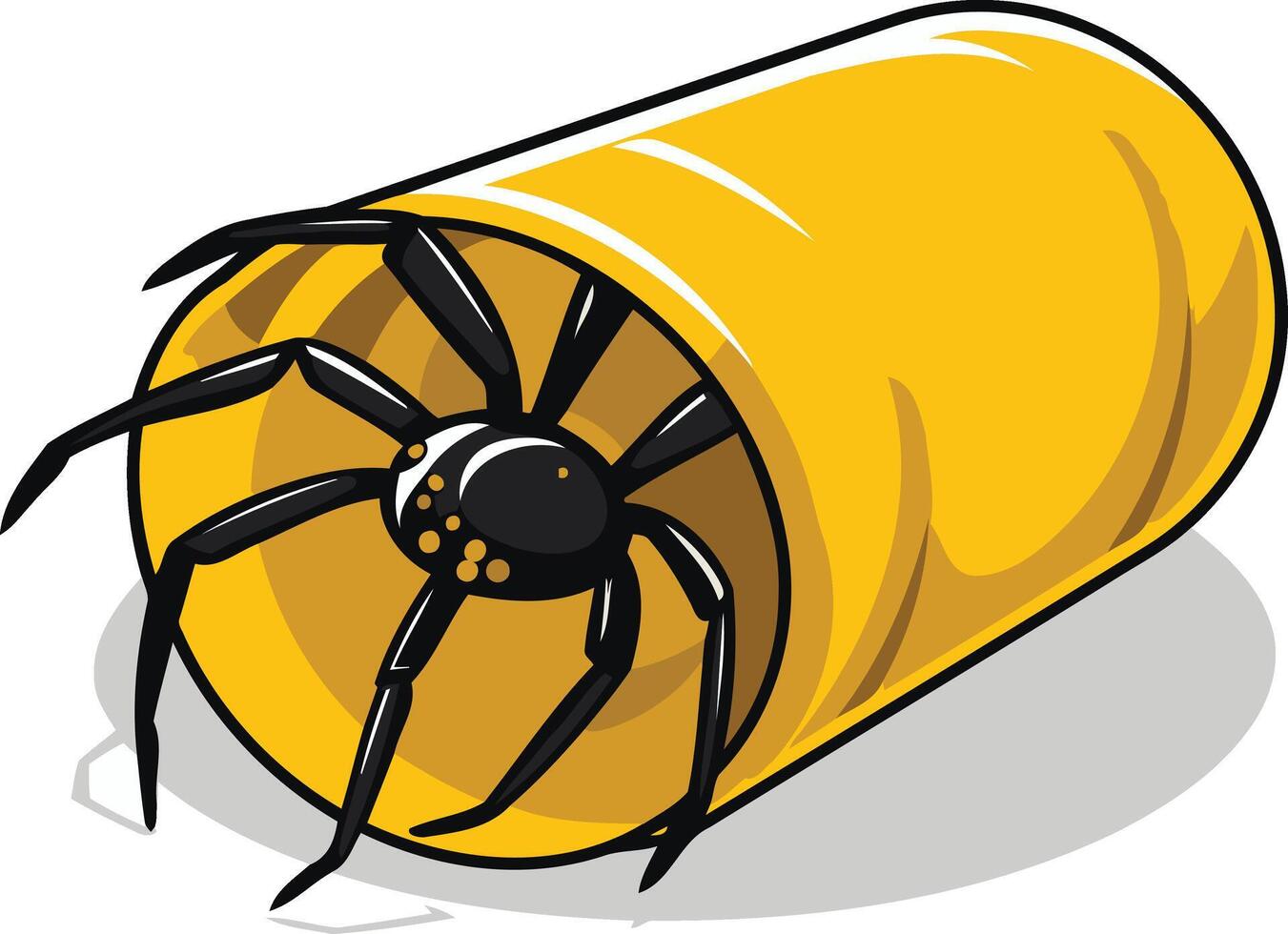 A cartoon black spider crawls out of a yellow tunnel vector