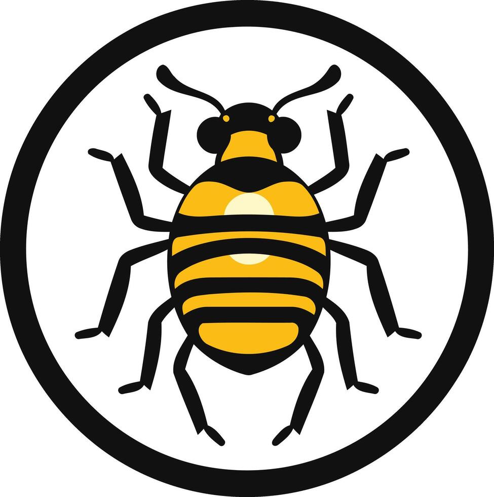 A simple, bold illustration of a yellow and black striped insect in a circle vector
