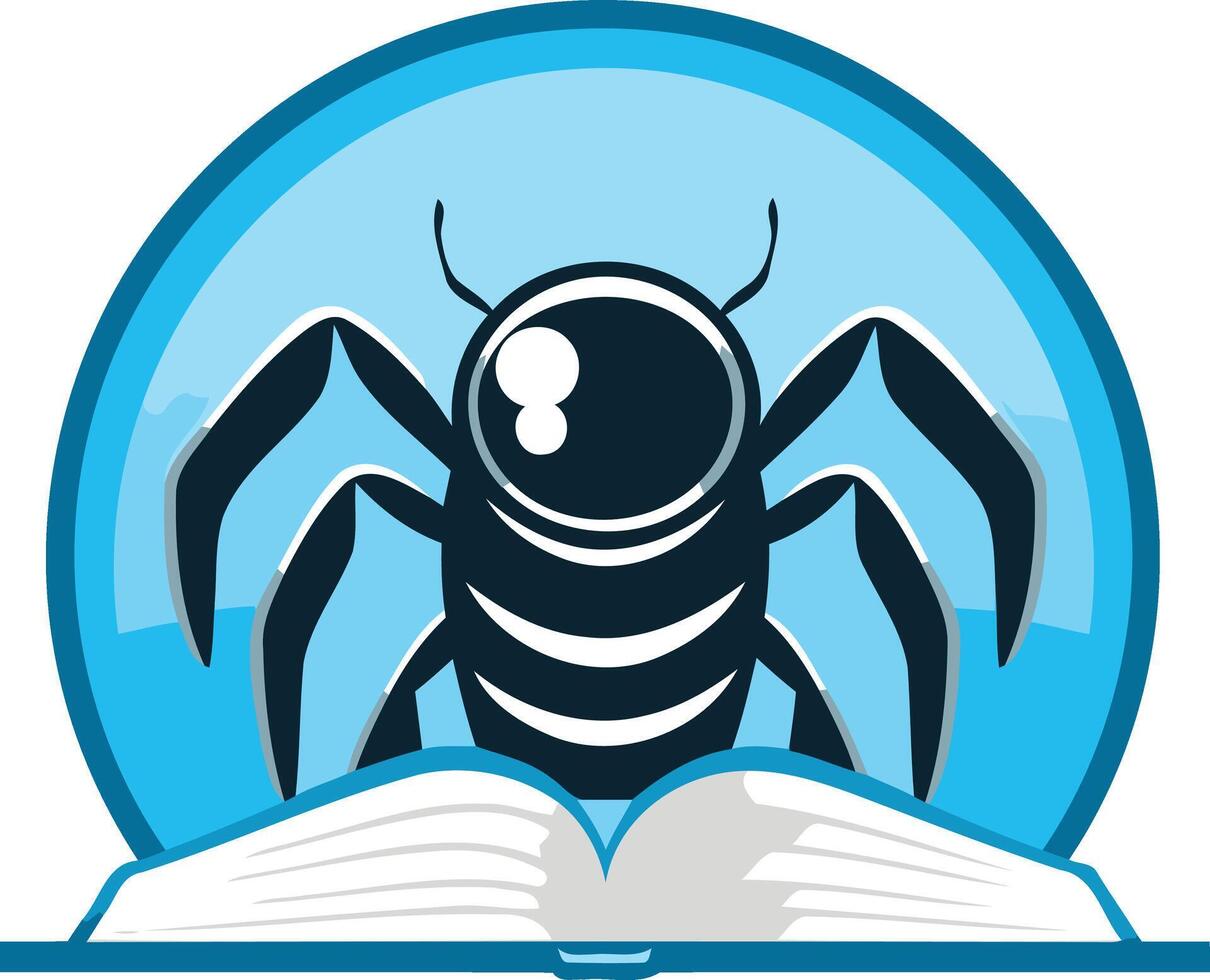 A stylized spider with a large eye peering over an open book, a unique and eye catching logo design for businesses related to knowledge, research, or data vector