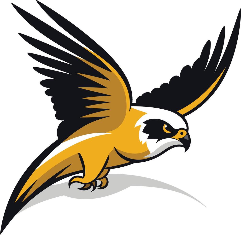 Powerful yellow falcon mascot with black wings soaring in flight vector