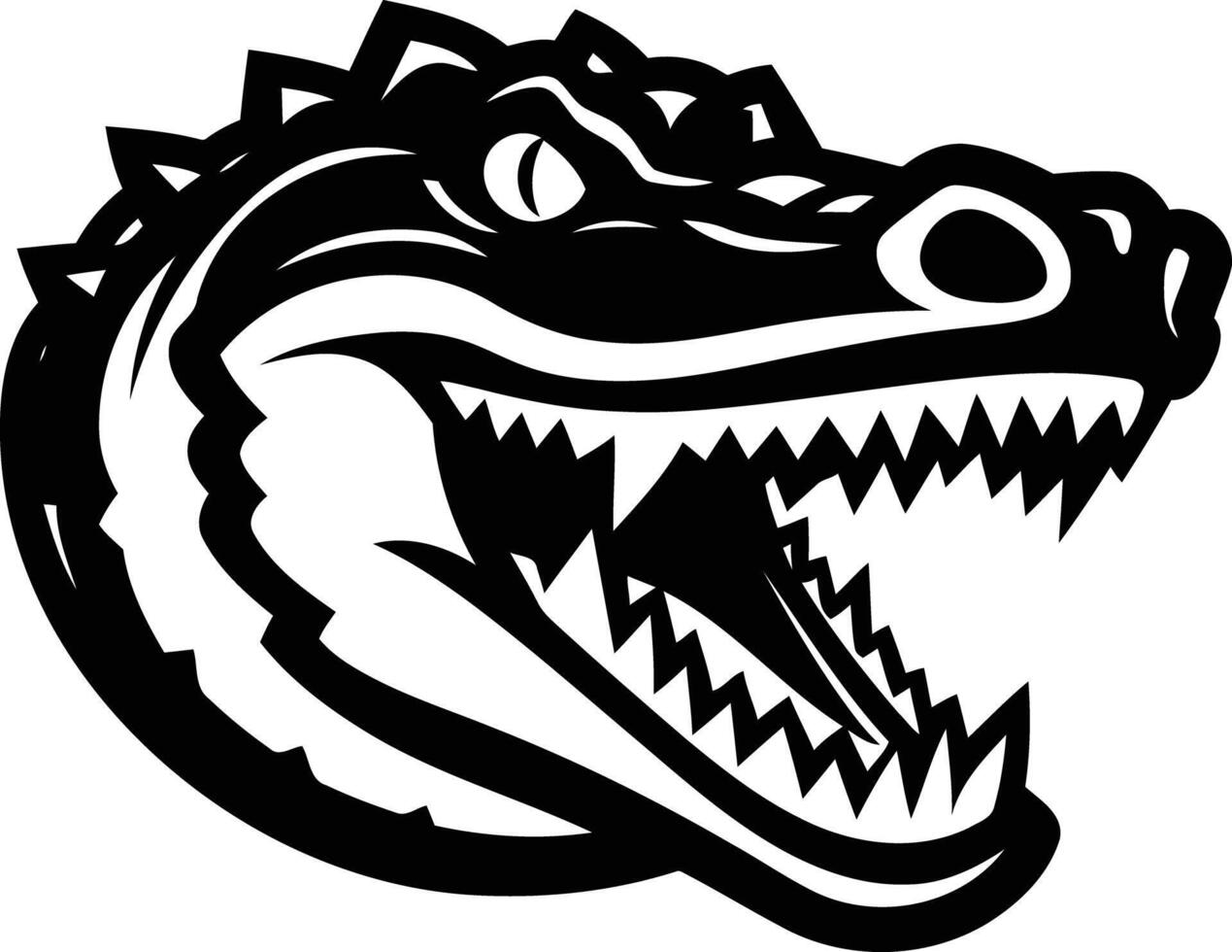 Black and white element illustration of an alligator head with open mouth and sharp teeth vector