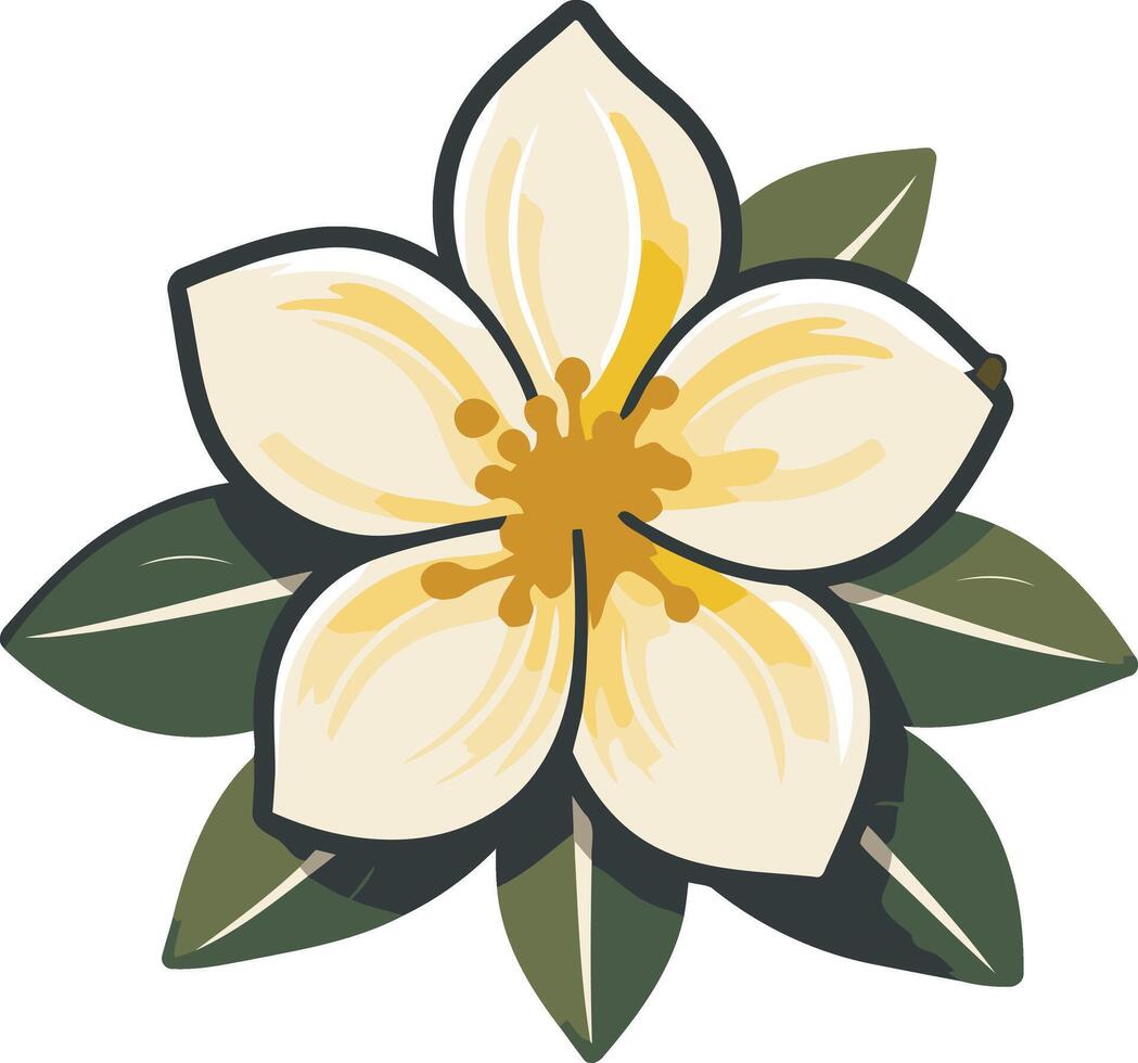 A simple, elegant illustration of a single white flower with yellow center and green leaves, perfect for adding a touch of nature to your designs vector