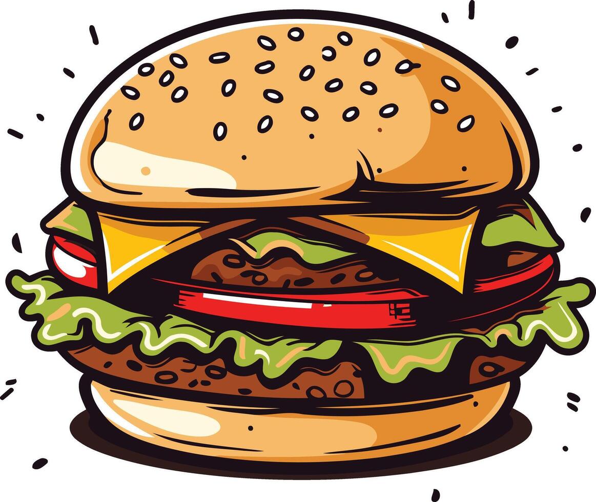 A delicious cartoon burger with all the fixings, perfect for menu design or advertising vector