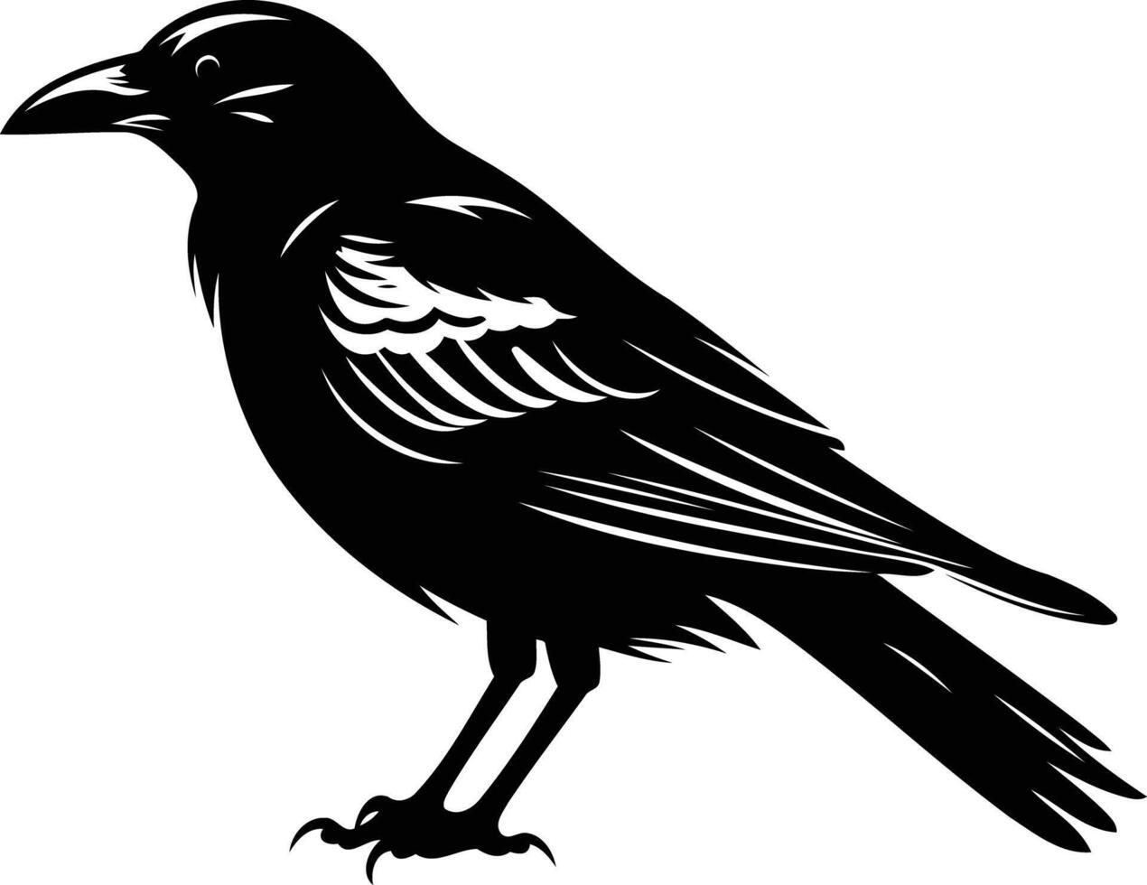 A detailed, black and white silhouette of a crow in a classic pose vector