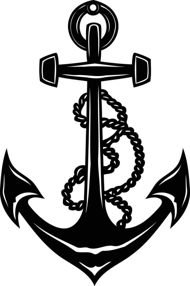 A classic black and white silhouette of an anchor with rope, perfect for nautical themed designs, logos, and illustrations vector