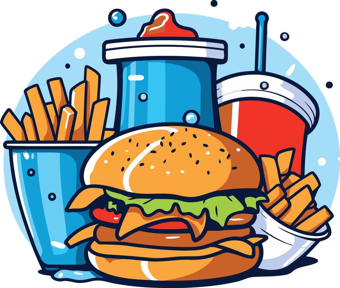 A cartoon illustration of a burger, fries, and drinks, perfect for fast food menus, social media, or branding vector