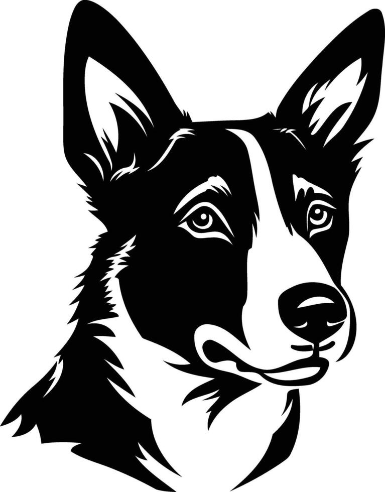A bold, black and white silhouette of a border collie dog's head, perfect for logos, apparel designs, and pet related projects vector