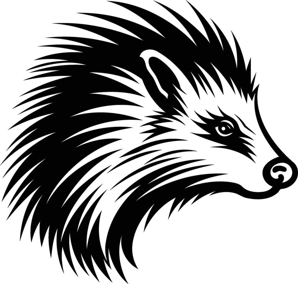 A bold, black and white illustration of a stylized hedgehog head, perfect for tattoos, apparel designs, and branding vector