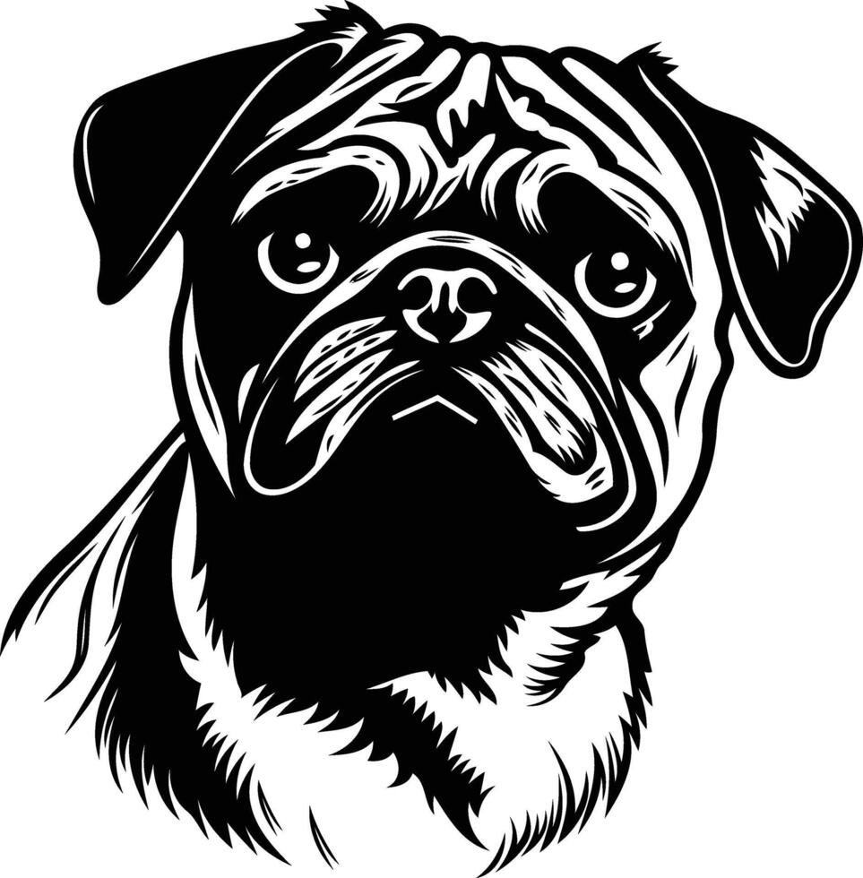 A bold black and white illustration of a pug's head, perfect for t shirt designs, pet related products, and social media posts vector