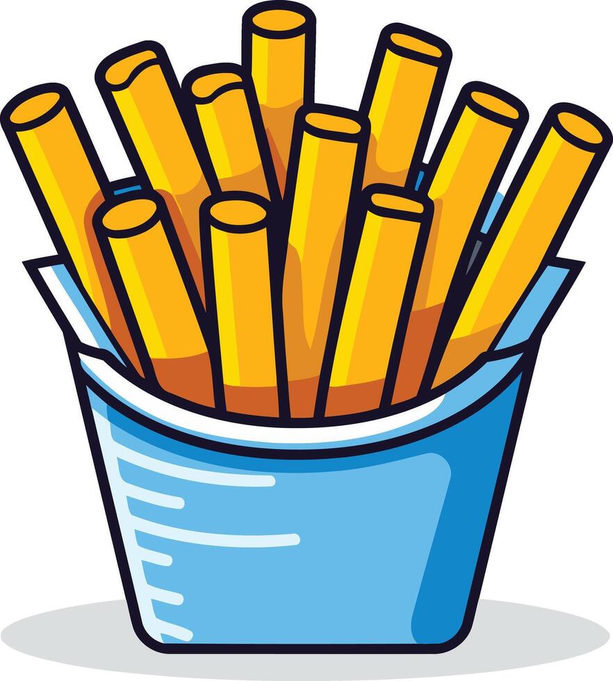 A cartoon illustration of a blue paper cup full of golden french fries vector